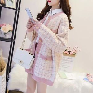 Cardigan sweater plaid pocket luxury pink cream stripe womens